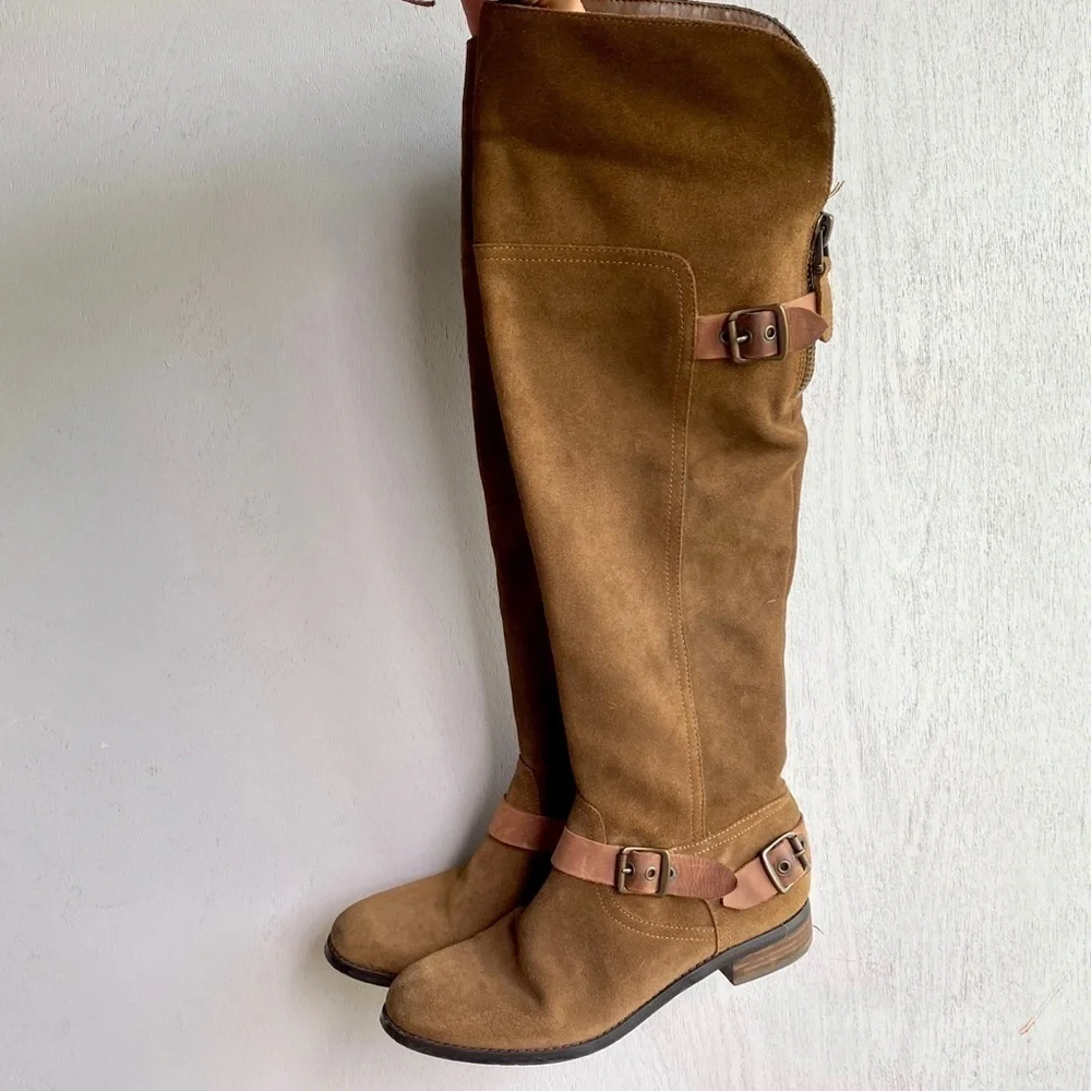 GUESS Brown Green Over the Knee Suede Boots | Equestrian Style | Buckle Details